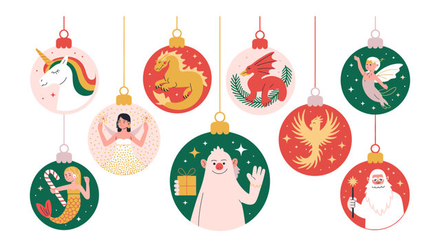 Christmas Baubles: A festive illustration of hanging Christmas baubles with unique mythical creature and Christmas characters designs.