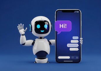 Chatbot robot waving with smartphone messaging interface hi
