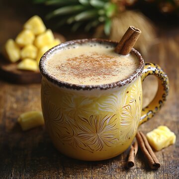 Traditional pineapple atole in decorative golden ceramic mug with cinnamon garnish and tropical floral patterns, premium Mexican beverage presentation