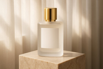 Elegant Glass Perfume Bottle With Golden Cap on Marble Pedestal