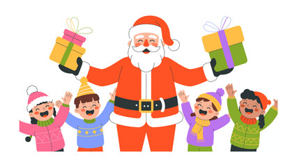 Christmas Cheer and Gifts: Santa Claus, embraced by the jubilant spirit of Christmas, stands at the center, surrounded by a group of delighted children, their faces alight with anticipation.