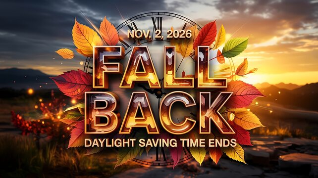 Fall back daylight saving time ends with autumn leaves and sunset sky