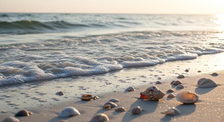 Golden Hour Ocean Waves Washing Seashells on a Tranquil Sandy Beach