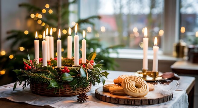 Warm glow of advent wreath candles with festive decorations and bokeh lights creating a cozy christmas atmosphere