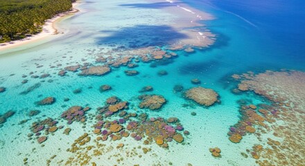 Aerial View of Tropical Coral Reef, Turquoise Ocean, and Pristine Sandy Beach