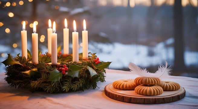 Warm glow of advent wreath candles and festive cookies on a table by a snowy window during twilight