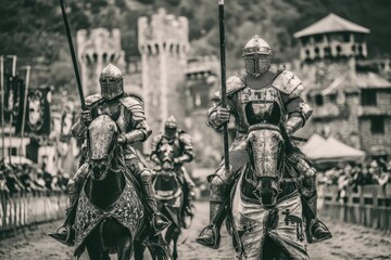 Fototapeta premium Medieval armored knights on horseback with lances, castle backdrop, monochrome.