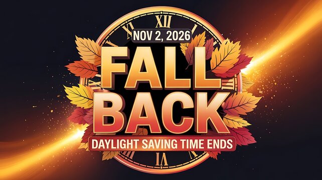 Fall back daylight saving time ends november 2 2020 with autumn leaves and clock face graphic