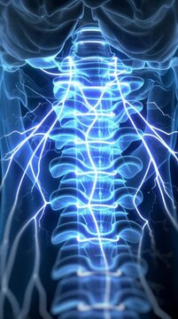 Illustration showing human nervous system in glowing blue against a dark field