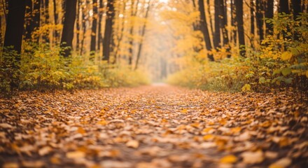 Path Covered with Golden Autumn Leaves in a Beautiful Forest Landscape