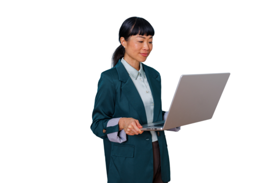 Asian businesswoman standing and looking down, holding an open laptop, doing remote work. Transparent background