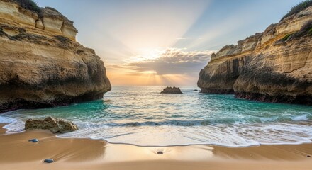 Golden Hour Seascape with Dramatic Cliffs and Sun Rays Over Turquoise Water
