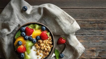 Yogurt bowl with granola and fresh fruit—strawberries, blueberries, kiwi, and mango—on a wooden table. - Powered by Adobe