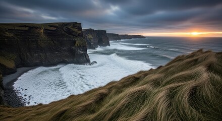 Dramatic Golden Sunset Over Majestic Cliffs of Moher and Crashing Ocean Waves