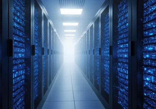 Modern data center server racks glowing blue, technology concept