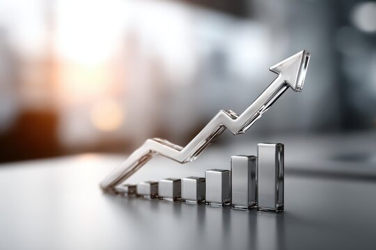 Dynamic 3D representation of business growth and financial success.