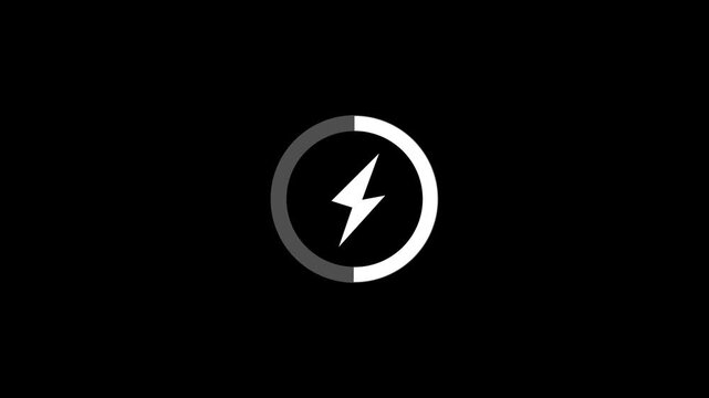 color battery charging power icon animation on black background.
