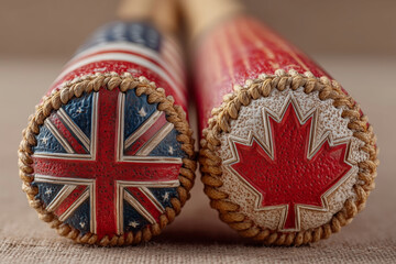 Crossed baseball bats adorned with UK and Canada flags celebrate unity in sports