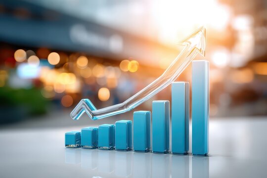 3D bar chart with a rising arrow symbolizing business growth and financial success