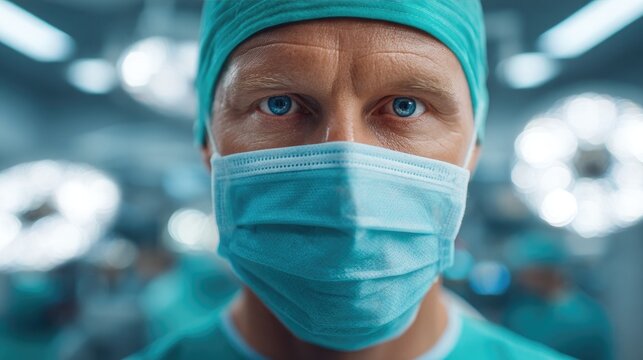 Male Surgeon with Holographic Surgical Interface in Neon Operating Room