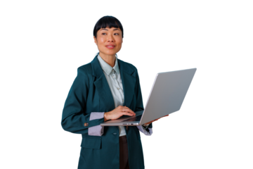 Asian businesswoman managing business tasks, using laptop standing, digital communication on transparent background