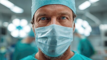 Male Surgeon with Holographic Surgical Interface in Neon Operating Room
