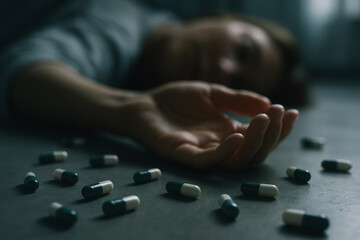 Conceptual Medical Emergency Theme With Pills Spilled Across Floor
