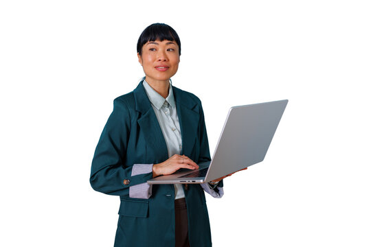 Asian businesswoman managing business tasks, using laptop standing, digital communication on transparent background