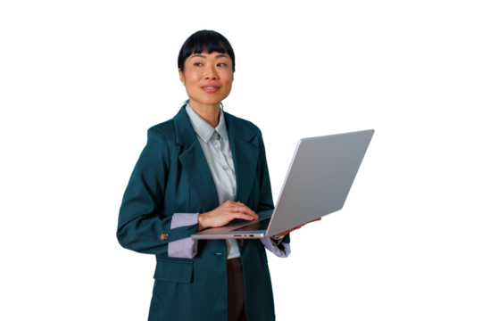Asian businesswoman managing business tasks, using laptop standing, digital communication on transparent background