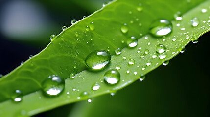 Green leaf glistens with dewdrops. Close-up with soft lighting for nature photography, organic product display, spa branding, or eco-themed posters.
