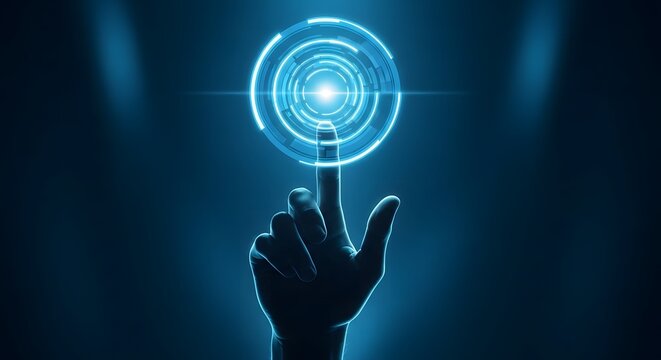 Finger touching glowing futuristic digital interface circle