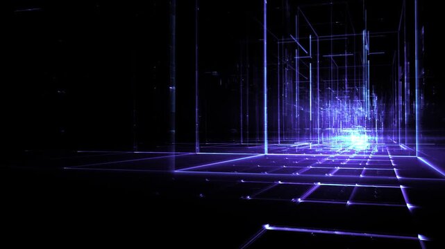 Leuchtende gitterf&ouml;rmige Geometrie f&uuml;r Technologie, Energie, Produktion & Datentransfer &ndash; moderne Architektur, Planung & Sicherheit visualisiert, violett, lila
