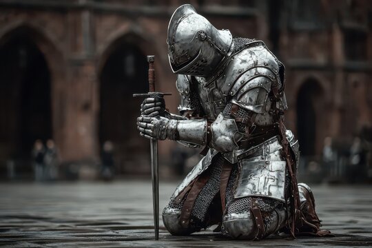 A kneeling medieval knight holding a sword, in full plate armor, with a castle background, portraying historical fantasy and solemn reverence.