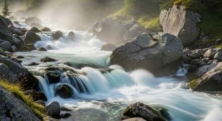 Pristine Mountain River Cascades Through Rocky Wilderness with Golden Morning Light