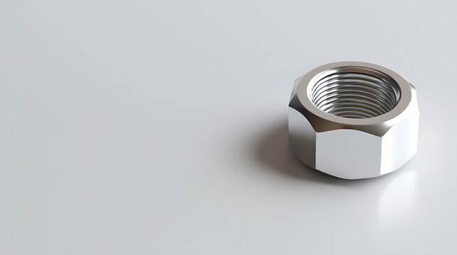 Close-up of a shiny, silver nut resting on a plain surface. The light reflects off the metallic surface, highlighting its hexagonal shape and the intricate threading inside. - Powered by Adobe