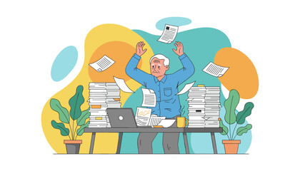 Stressed senior businessman overwhelmed by huge paperwork stacks and deadlines Burnout concept