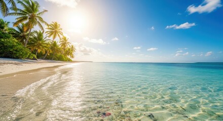 Idyllic Tropical Beach Paradise with Palm Trees, Crystal Clear Ocean, and Bright Sunshine