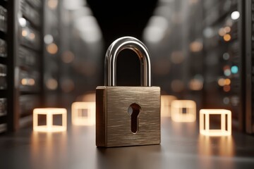 A golden padlock guarding data in a server room, ensuring data security and privacy, with background server lights suggesting processing, safety and protection.