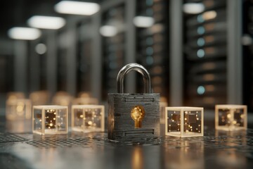 Data security concept with a padlock securing server room, illustrating the importance of protecting digital information and system from cyber threats and vulnerabilities.