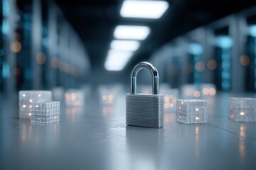 A shiny metallic padlock with glowing cubes representing security in a server room, emphasizing the importance of data protection and network safety.