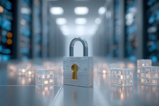 Secured data center with a lock, representing cybersecurity and network protection, with servers in the background, showing data security and digital access safety.