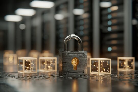 Data security concept with a padlock securing server room, illustrating the importance of protecting digital information and system from cyber threats and vulnerabilities.