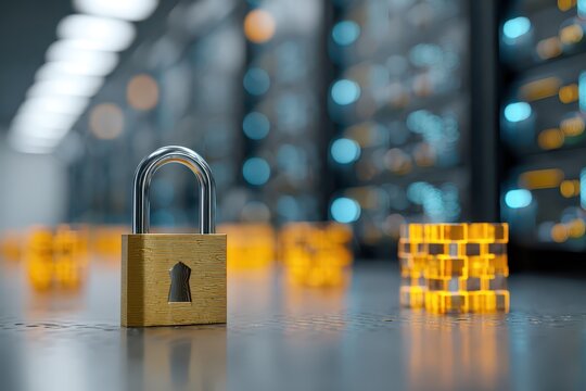A golden padlock stands guard in a server room, symbolizing data security and protection against cyber threats and unauthorized access to sensitive information.