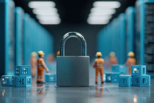 Security system in a data center, with a padlock securing servers and infrastructure; a metaphor for cyber security, data privacy, and access control for critical systems.