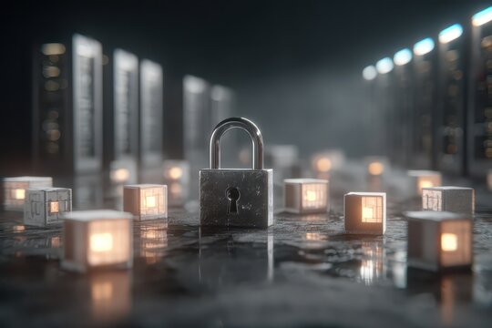 A digitally rendered image of a padlock protecting data server room. The shiny surface reflects the geometric cubes in the foreground providing a strong message.