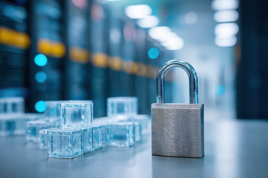 A security padlock placed in front of a server room, representing data protection and cybersecurity for sensitive information, with an emphasis on digital safety.