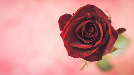 Fototapeta premium A single red rose in extreme close-up, blurred pink background creating a romantic Valentine atmosphere.