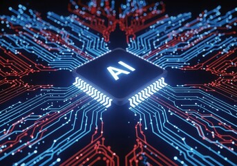 Artificial intelligence processor chip on futuristic circuit board