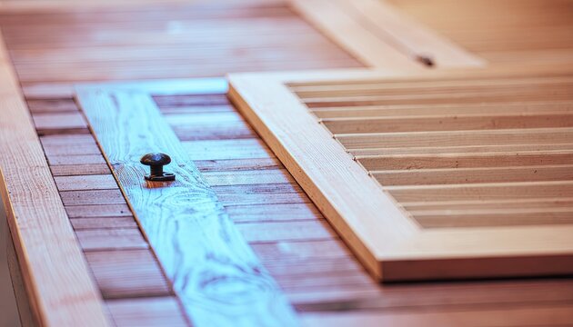 Close up on rustic wooden door with metal handle and natural wood grain detail in soft indoor lighting - Powered by Adobe