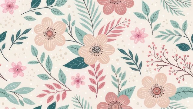 Delicate pastel floral pattern with gentle leaves and soft berries, evoking a serene springtime garden atmosphere for creative projects.